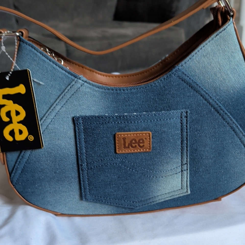 Lee Denim Shoulder Bag in Blue with Brown Trim